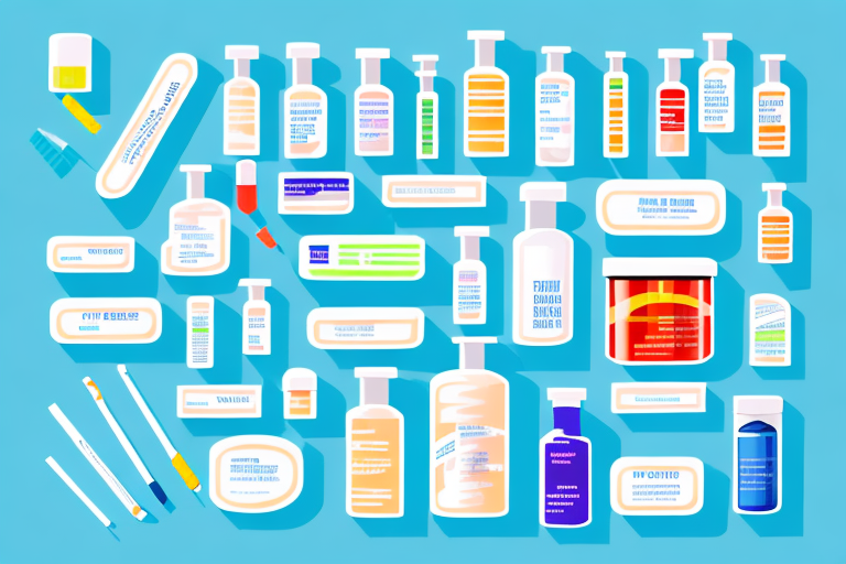 A pharmacy counter with various medicines and supplies